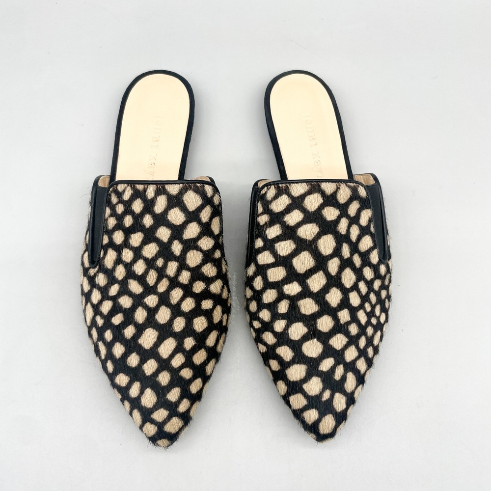 Jenni Kayne Womens 35 Calf Hair Pointed Toe Mules Black Tan Animal Print Slides